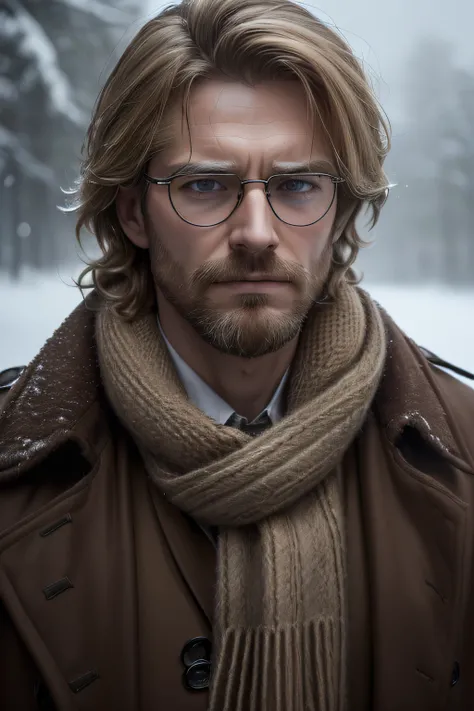 "(best quality,4k,8k,highres,masterpiece:1.2),ultra-detailed,(realistic,photorealistic,photo-realistic:1.37),portrait,man in a long brown trench coat,shaggy blonde hair,very little facial hair,wearing spectacles,gloomy atmosphere,snow covered,snowing,dark ...