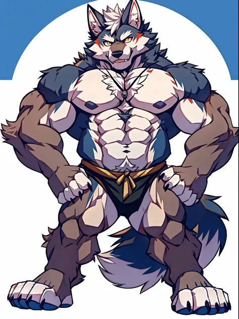 Human-wolf，musculous，Hairy all over，clawed paws，erect through