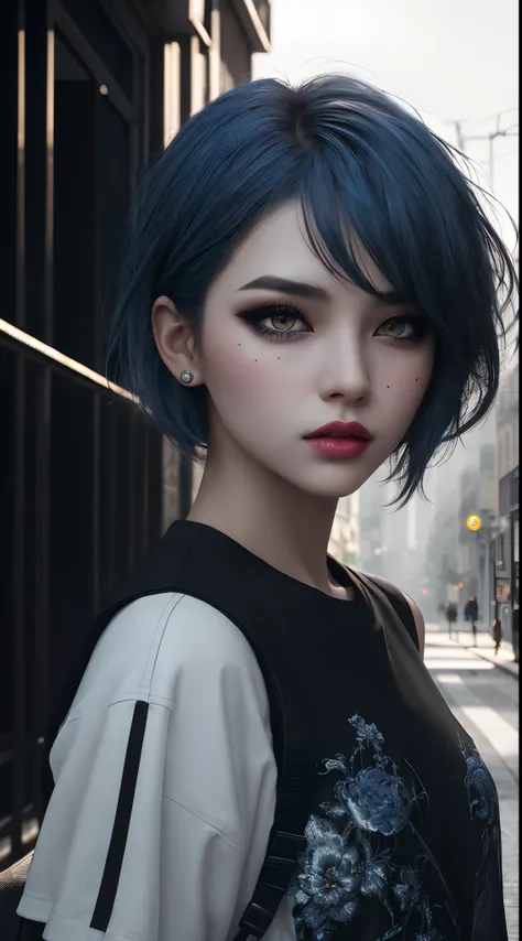 beautiful girl, half body portrait, short bright blue disheveled hair, black eyeshadow, (street style wear:1.2), (city background:1.2), dark makeup, digital art, trending on artstation, highly detailed, fine detail, intricate,  beautiful detailed glow, det...