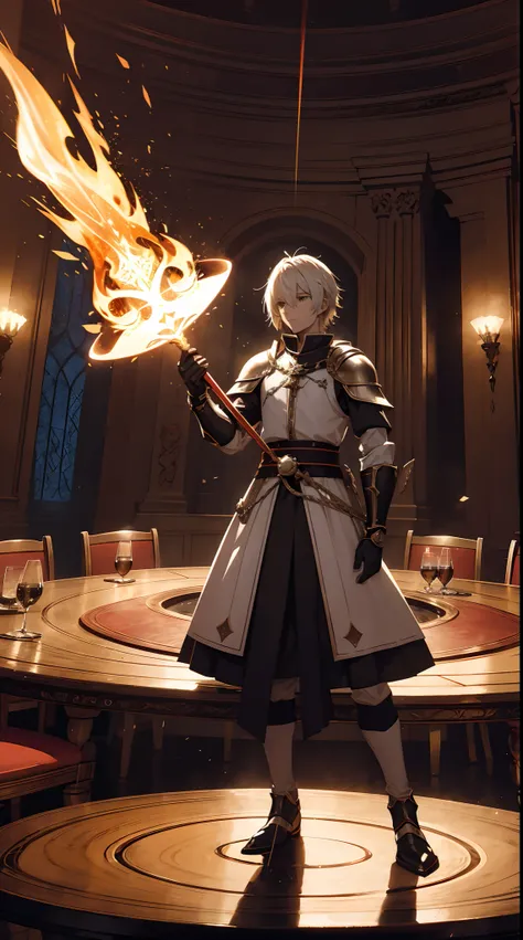 Ten  knights of the round table are holding their swords facing upwards, the round table has a fire dragon aura effect symbol,On the round table is the excalibur sword,  the background is in a kingdom with a round table.hd light and dark, balance rendering...