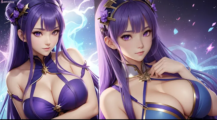 anime girl with purple hair and purple eyes posing for a photo, hestia, ayaka genshin, blue cloth covering her chest, extremely detailed artgerm, zodiac girl portrait, tsuaii, zerochan art, by Kamagurka, azure. detailed hair, artgerm on artstation pixiv, s...