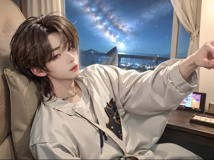 ((4K))、​masterpiece、（top-quality)、((high-level image quality))、One Manly Boy、((Fashionable mens personal wear))、(Detailed beautiful eyes)、Stylish homeroom at night with a view of the night sky from the window、Take a selfie while sitting in a gaming chair i...