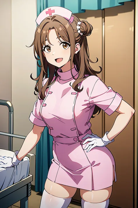 hmhinana, long hair, single side bun, brown hair, brown eyes, solo, nurse, ((white nurse cap, white nurse's outfit)), ((white le...