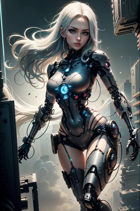 Beautiful sexy girl with long white hair with mechanical eye cyborg robot prosthesis on arm looking at me at full height cyberpunk space city short shorts sexy thighs blue eyes background slums metropolis anime style