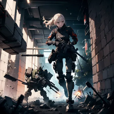 (Female soldier with strong body)、(((Shoot machine guns to destroy enemy robots:1.4)))、1 Female 1 Robot、(Black combat uniform)、(platinum-blonde-hair:1.2)、Have multiple weapons、Running through the rubble、((超A high resolution))、Detail Write、​masterpiece、top-...