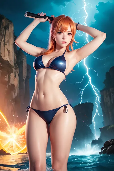 there is a woman in a bikini holding a baseball bat, nami from one piece, nami one piece, deviantart artstation cgscosiety, splashes of lightning behind her, epic digital art illustration, goddess of lightning, epic fantasy digital art style, epic fantasy ...