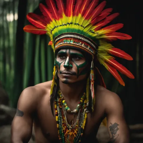 rosto de esqueleto, just the bone, with an indigenous headdress with the colors green, amarelo, vermelho e preto.