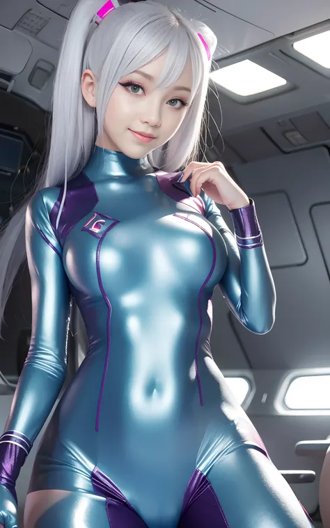 light smile, zero suit, inside a spaceship, blue eyes, waistshot