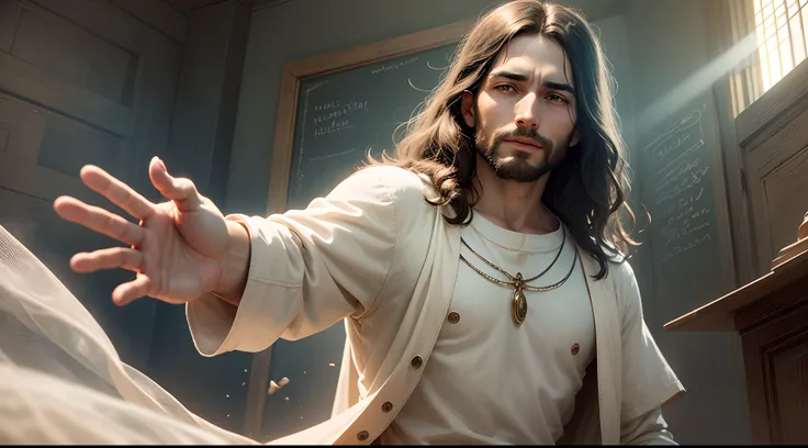 create a realistic image of Jesus at the age of 33, standing with his hand extended forward as if offering something. From his outstretched hand, radiant sunlight should emanate, symbolizing blessings and divine grace. Capture the essence of compassion and...