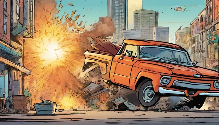 2 car crashing in in the air, big explosion in background, city, cartoon style