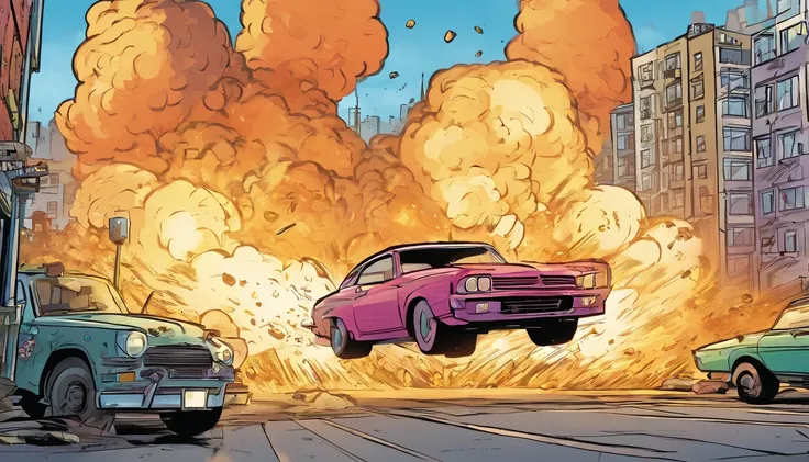 2 car crashing in in the air, big explosion in background, city, cartoon style