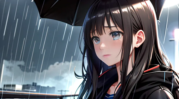 High resolution, very detailed, detailed background, movie lighting, outdoor, cloudy, rain, 1 girl, tears, sad expression