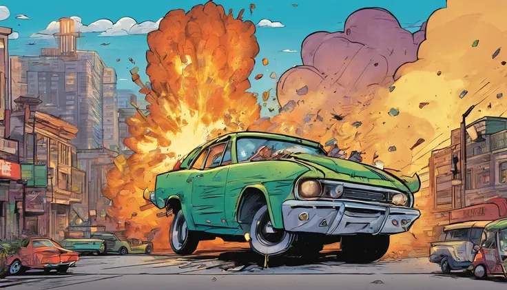 2 car crashing in each other in the air, big explosion in background, city, cartoon style