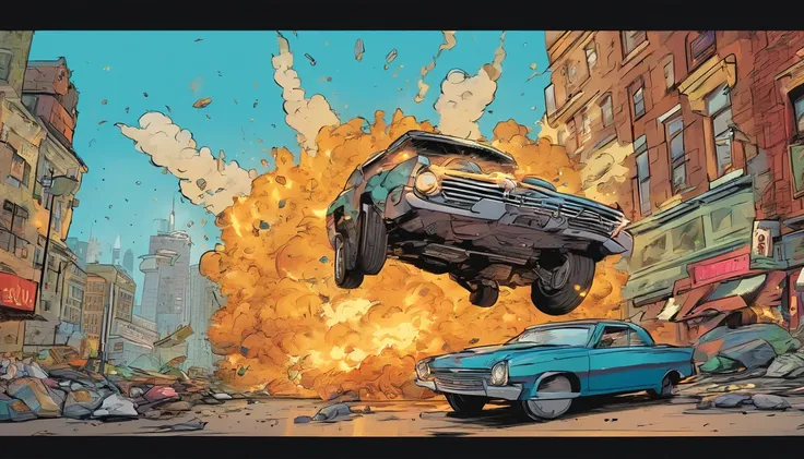 2 car crashing in each other in the air, big explosion in background, city, cartoon style