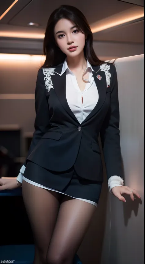 Best quality,(RAW photo:1.2),(Masterpiece:1.4),(Photorealistic:1.4),(A high resolution:1.4), 1girll, Depth of field, flight attendant, intricately details,8K, Extremely detailed, Perfect lighting, Epic background