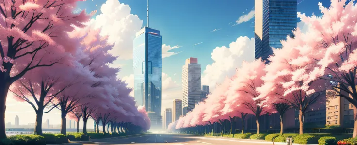 beautiful anime scenery，author：Shinkai sincerely , Sakura Tree , Skyscrapers , City , Sakura Leaves Floating , Spring , Wind , Cloud , Sky , Afternoon