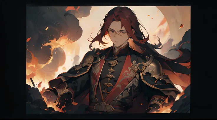 layered textures, Determined, Single Color, Calotype, Slim Yuan Dynasty, Young Male, Long Red hair, Side-swept braids, Offset print, Oversaturated, Burning Clothing, Pain, Fire everywhere