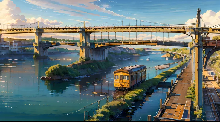 on the bridge view, train, sunset, realistic, oil painting, vibrant colors, golden light, detailed perspective, textured surface...