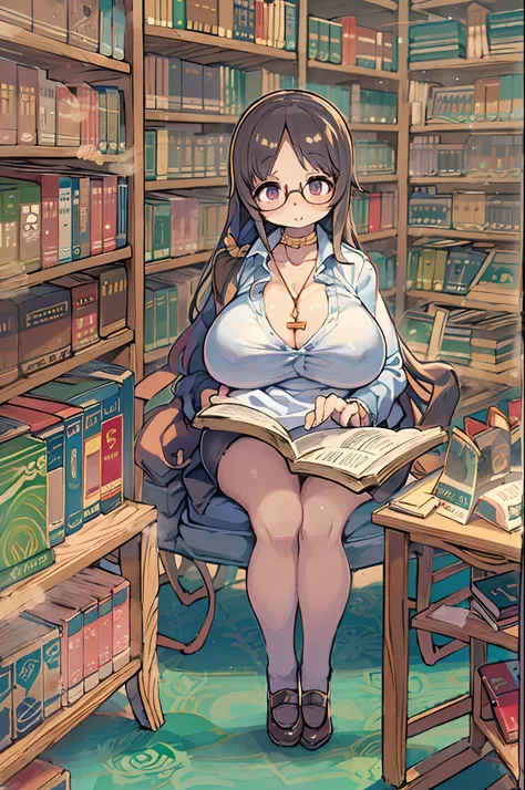 Huge library、1 librarian、One Woman、small round glasses、huge-breasted、(((((bbw)))))