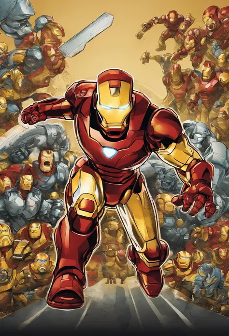 ironman fighting minions, hand-drawn, epic battle