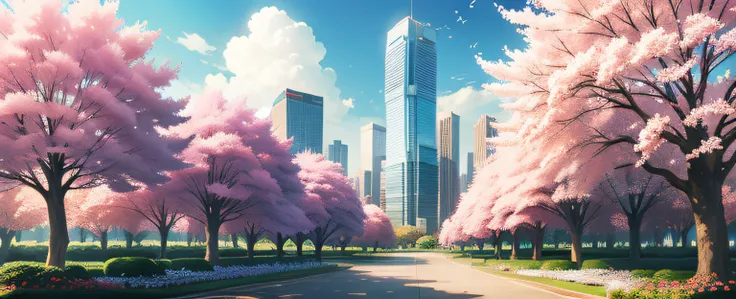 beautiful anime scenery，author：Shinkai sincerely , Garden ,Sakura Tree , Skyscrapers , City , Sakura Leaves Floating , Spring , Wind , Cloud , Sky , Afternoon