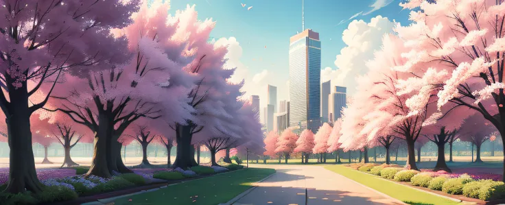 beautiful anime scenery，author：Shinkai sincerely , Garden ,Sakura Tree , Skyscrapers , City , Sakura Leaves Floating , Spring , Wind , Cloud , Sky , Afternoon