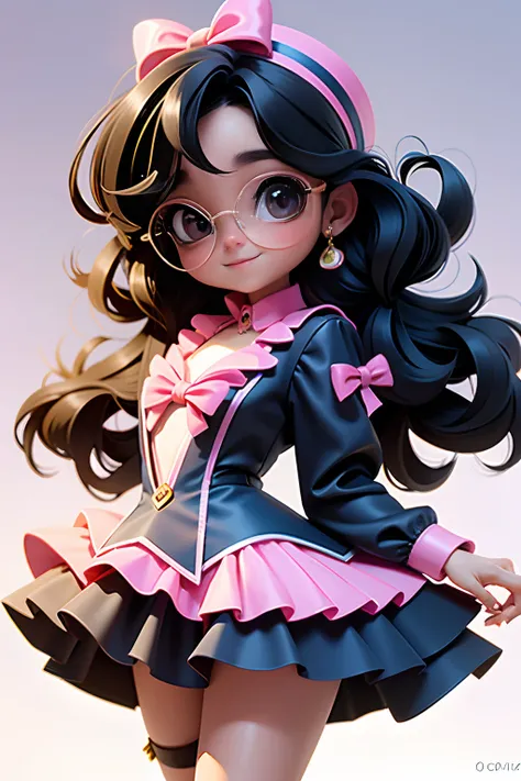 Loli linda chica negra, Cabello atascado, cabello suelto, Accesorios modernos , gafas, Ojos detallados, Sonrisa detallada,  Wear a pink ballet dancer costume, Detalles detallados, holographic,  Fondo claro y simple