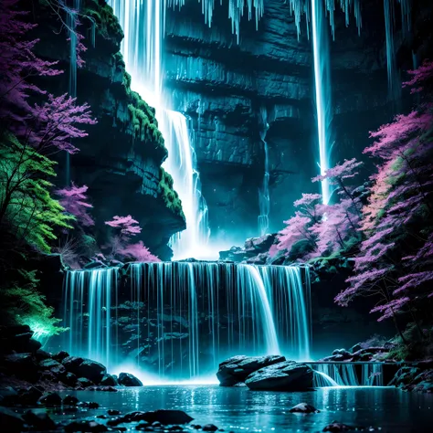 create a visually captivating neon punk work of art displaying a mesmerizing waterfall glowing with bioluminescent colors. empha...