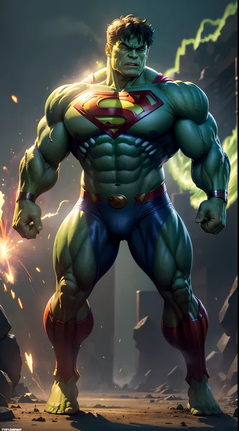 ((Fusion Character)), ((Hulk)), ((Full body shot of Marvel character The Hulk Bruce Banner wearing Superman armor)), ((big green man)), Superman cape, full body Superman armor, ((Superman logo on chest)), hero stance, sparks splash effect, dinamic lighting...