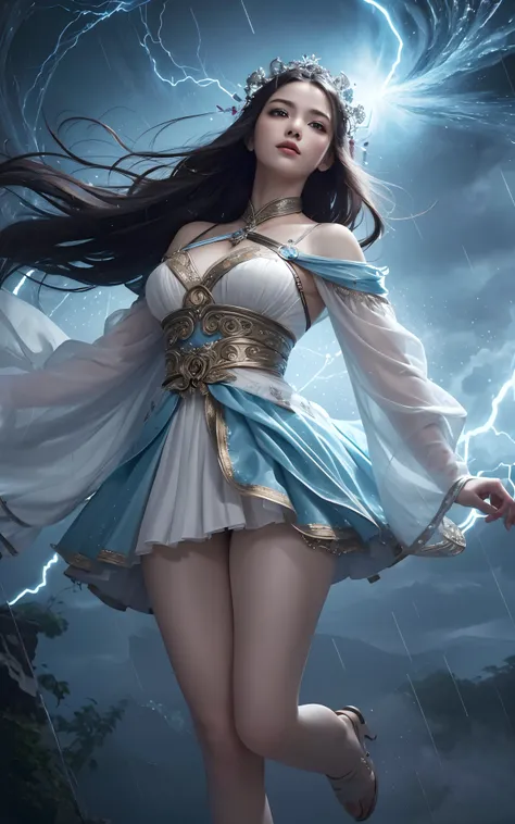 Write a captivating scene where the magestic goddess of whirlwind (floating) harnesses the power of lightning and rain while suspended at the epicenter of a massive, swirling whirlwind ,  masterpiece, intricate detail, 8k hires, extremely detailed, ultra d...