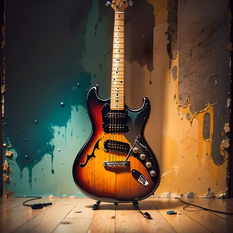 Pintura abstrata com formato de guitarra de 6 cordas e 3 captadores