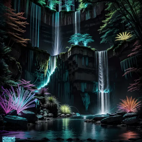 Create a visually captivating neon punk work of art displaying a mesmerizing waterfall glowing with bioluminescent colors. Emphasize the contrast between the natural beauty of the waterfall and the vibrant, electrifying tones of the surroundings. Use HDR a...