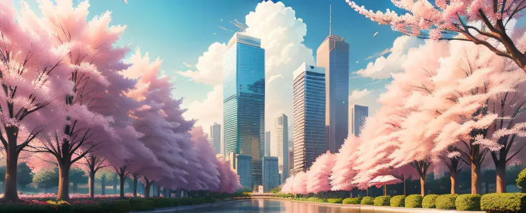 Anime scenery，author：Shinkai sincerely ,Skyscrapers , City , Garden ,Sakura Tree , Sakura Leaves Floating , Spring , Wind , Cloud , Sky , Day