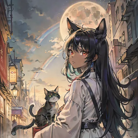 (top-quality、​masterpiece)、A stunning、Take a cute cat、(rainbow-colored hair)、(Long hair)、fullmoon、backstreet, (Black skin tone), red eyes,