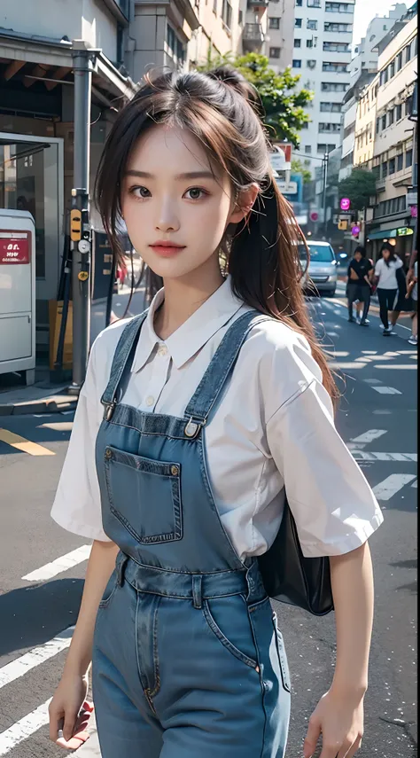 2girls,16-year-old girl strolling at a zebra crossing traffic light on a street in Hong Kong，Extreme light and shadow，Aurora chase，Extremely strong reflected light，Extreme shadows，Town，blue-sky，warm sunlight，enjoying life，Healing pictures，（Smile 0.8）（Upper...