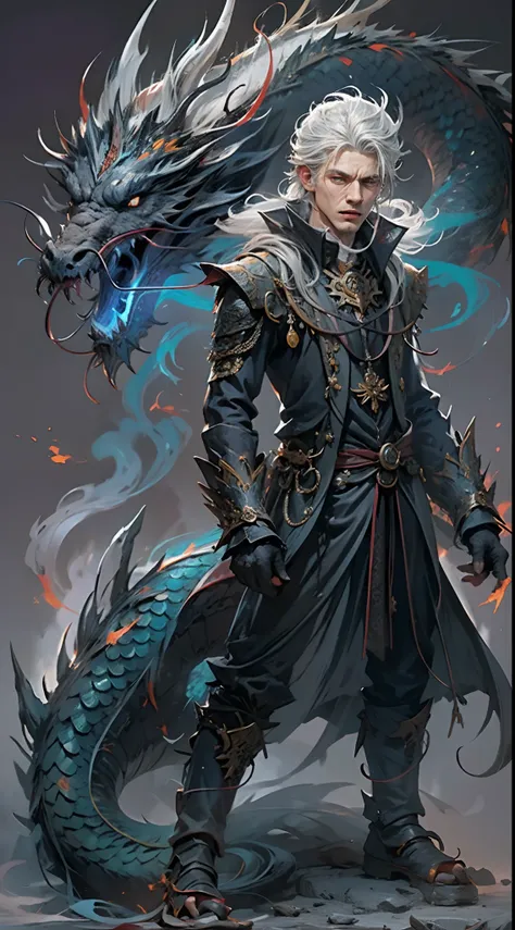 A high resolution，high detal，8K，（A boy:1.9），cool guy，high-definition face，Messy short silver-white hair and medium white hair standing at the ends，A gifted dark spell master，Black and white spell master set，A hand burning with blue flames，fire spell，A fier...