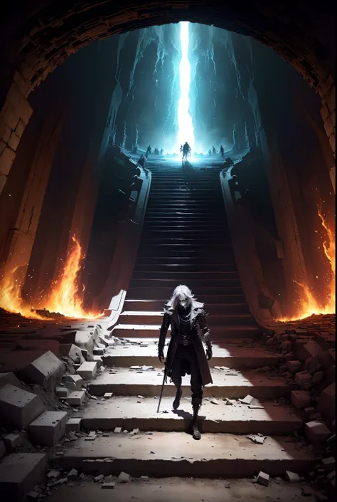 Un homme monte les escaliers dans une grotte, From stairs from hell to heaven, hell scape, Travel through hell, Portal to Hell, Hors des flammes, Portal to Hell, Escalier vers le ciel, Portal to Hell, Surreal Hell, Portal to Hell, Tenez-vous en enfer, Comp...