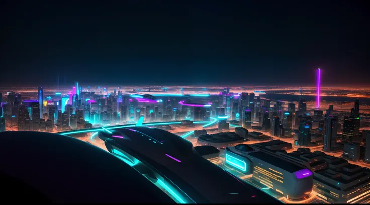 futuristic cities,telephoto,flying car,Neon light,Looking from a distance,Megalopolis,Hyperloop