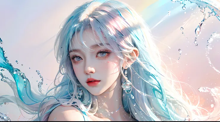 (Masterpiece, Best Quality, High Resolution), White Background, Acrylic Paint, ((Color Splash, Splash of Ink, Color Splash)), Sweet Chinese Girl, Long Light Blue Hair, [Light Blue|Pink] Hair, Curly Hair, Glitter, Peach Lips, White Shirt, Front, Upper Body