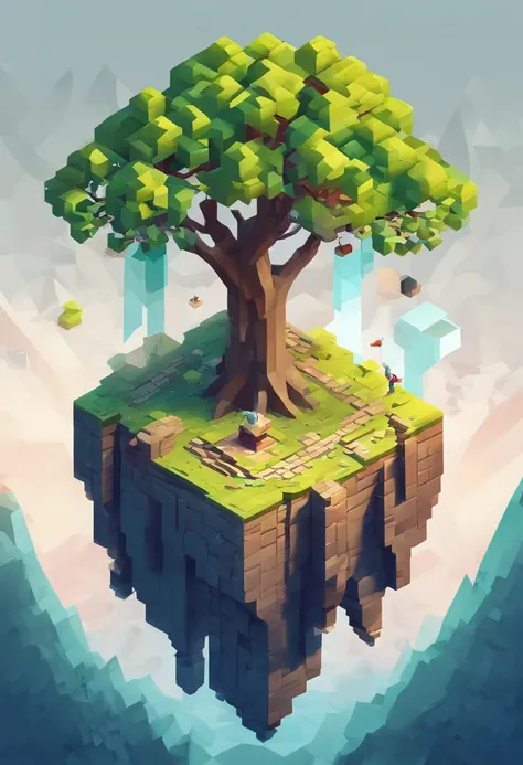 (best quality, fantasy, isometric, voxel art:1.2), absurd, tree, stone wall, (minimally designed background:1.2)