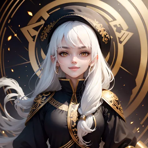 best quality, white hair, gold eyes, black clothes, looking up, upper body, hair strand, Fair skin, smiling, fortune teller, Hats