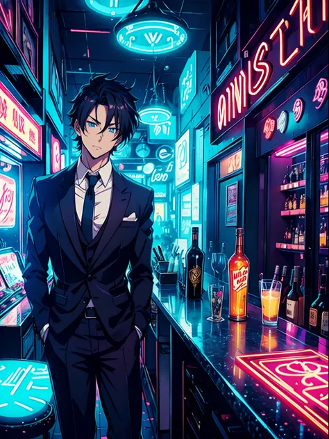 anime sexy man, Formal wear, Bar with neon signs, Bar Counter