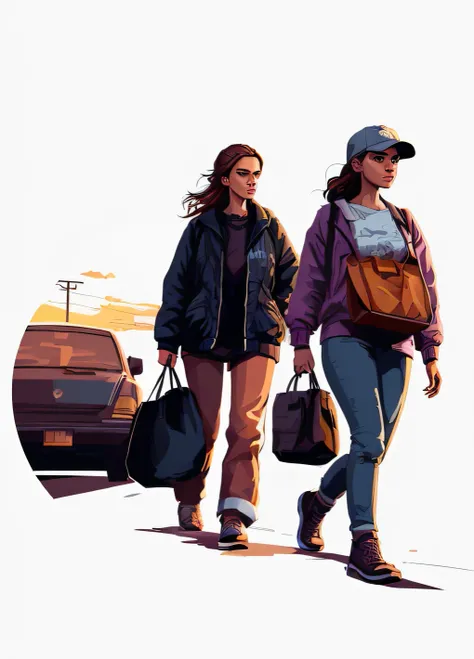 Humble young woman walking on the side of the road, comes towards us, with sad look in her face, carrying a bag, beautiful sunset, GTA video game art style, vector style, digital illustration, masterpiece, realistic details, art Station style, bottom view,...