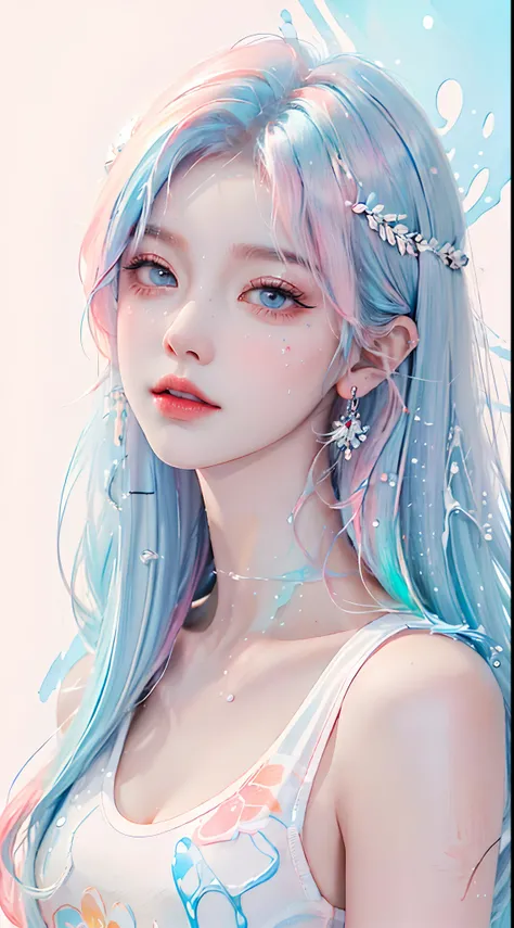 (Masterpiece, Best Quality, High Resolution), White Background, Acrylic Paint, ((Color Splash, Splash of Ink, Color Splash)), Sweet Chinese Girl, Long Light Blue Hair, [Light Blue|Pink] Hair, Curly Hair, Glitter, Peach Lips, White Shirt, Front, Upper Body