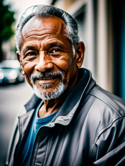 A old man, 60 years old, majestueux, Wrinkled, homeless, Gray jacket, Bright smile, Torn shoulder, Portrait, 4K, nffsw, Digital SLR, Nikon D700, Lens Sigma Art 85 mm , F1:2