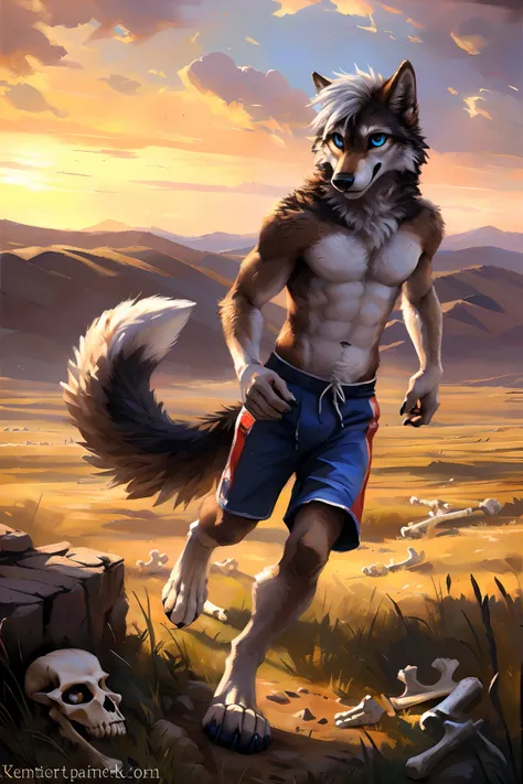 ((Solo)), male people, anthro wolf, (Multi-colored fur, White-brown:1.3), ((Wolf face, White hair, Big eyes, White eyelids, Blue pupil, Slim:1.2) (Tough, Calm expression:1.2)), Abs, Slim, pinging)), (Correct anatomy), (Work shorts:1.1), (Contour bone:1.2),...