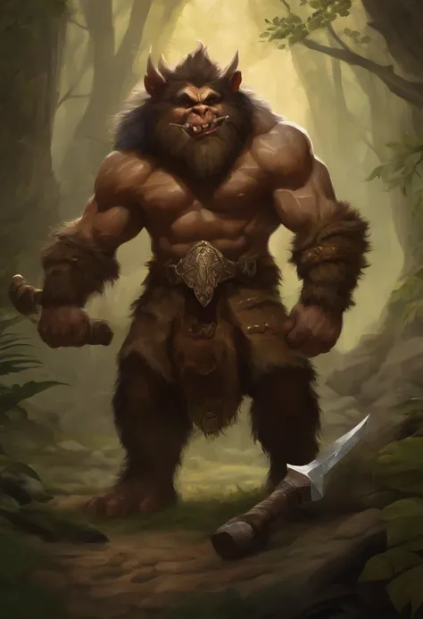 there is a painting of a troll with a hammer in his hand, bugbear, bugbear ranger, raging bugbear, epic full color illustration, grog strongjaw, fur-clad barbarian goliath, a druid, gnoll, tyler edlin fantasy art, troll, humblewood art style, high fantasy ...