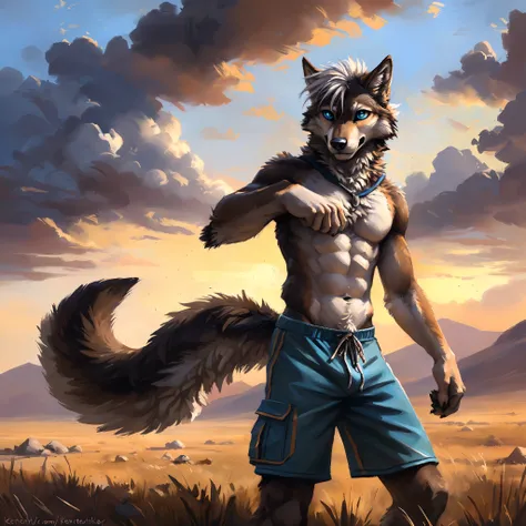 ((Solo)), male people, anthro wolf, (Multi-colored fur, White-brown:1.3), ((Wolf face, White hair, Big eyes, White eyelids, Blue pupil, Slim:1.2) (Tough, Calm expression:1.2)), Abs, Slim, pinging)), (Correct anatomy), (Work shorts:1.1), (Contour bone:1.2),...