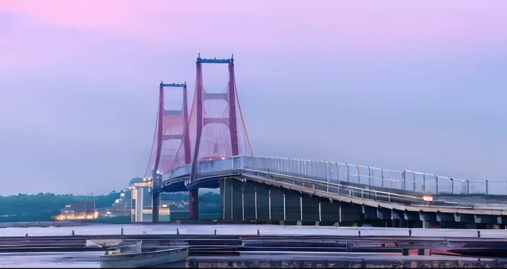 scenery, a bridge with reddish sky at the afternoon and its reflection on water, well, sky, clouds