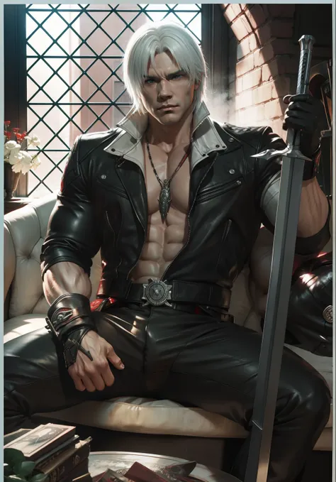 dante devil_may_cry male male_only sakimichan solo white_hair,big muscle,sit down,leather gloves,strong man